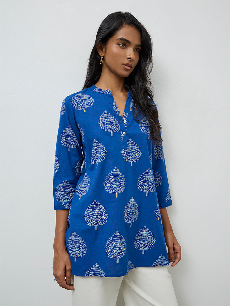 Utsa Indigo Leaf Pattern Cotton-Blend Tunic