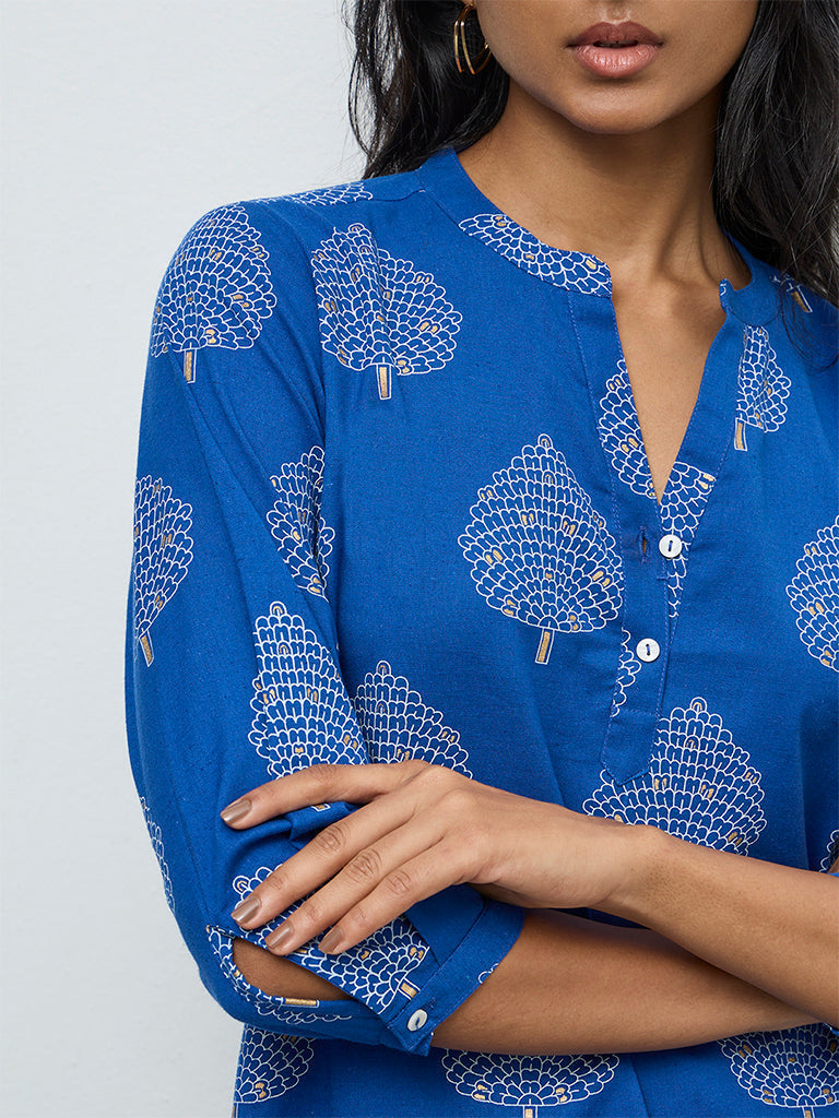 Utsa Indigo Leaf Pattern Cotton-Blend Tunic