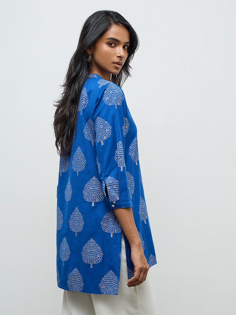 Utsa Indigo Leaf Pattern Cotton-Blend Tunic