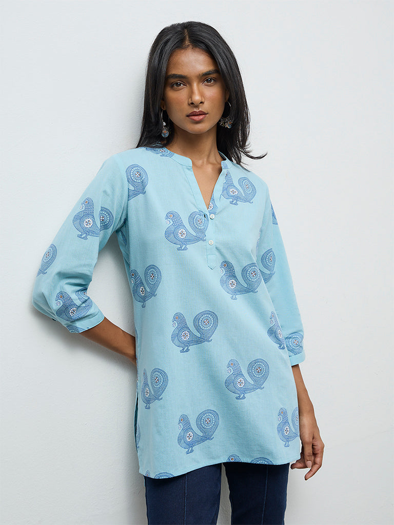Utsa Turquoise Printed Cotton-Blend Kurti