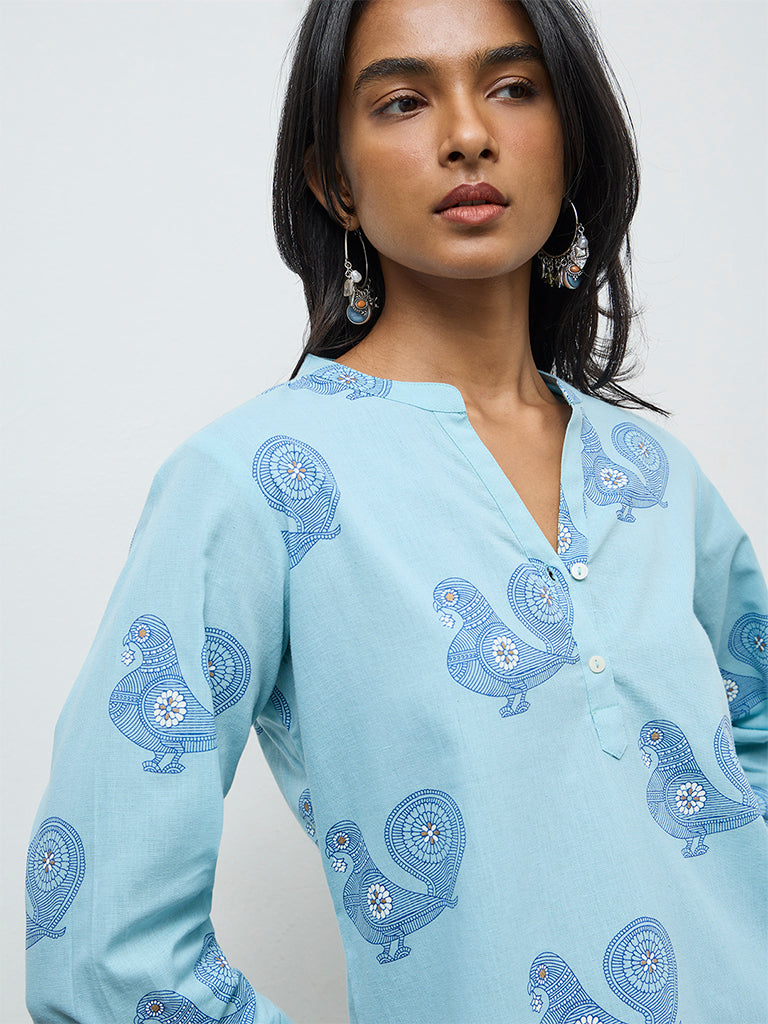 Utsa Turquoise Printed Cotton-Blend Kurti