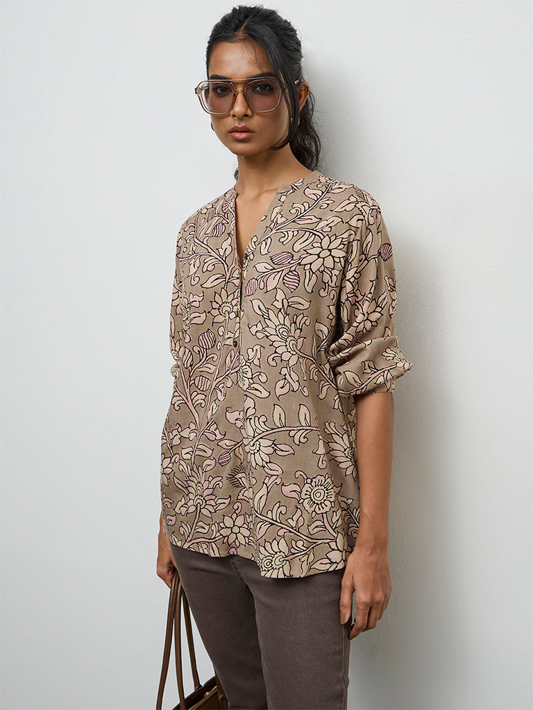 Utsa Taupe Botanical Printed Tunic