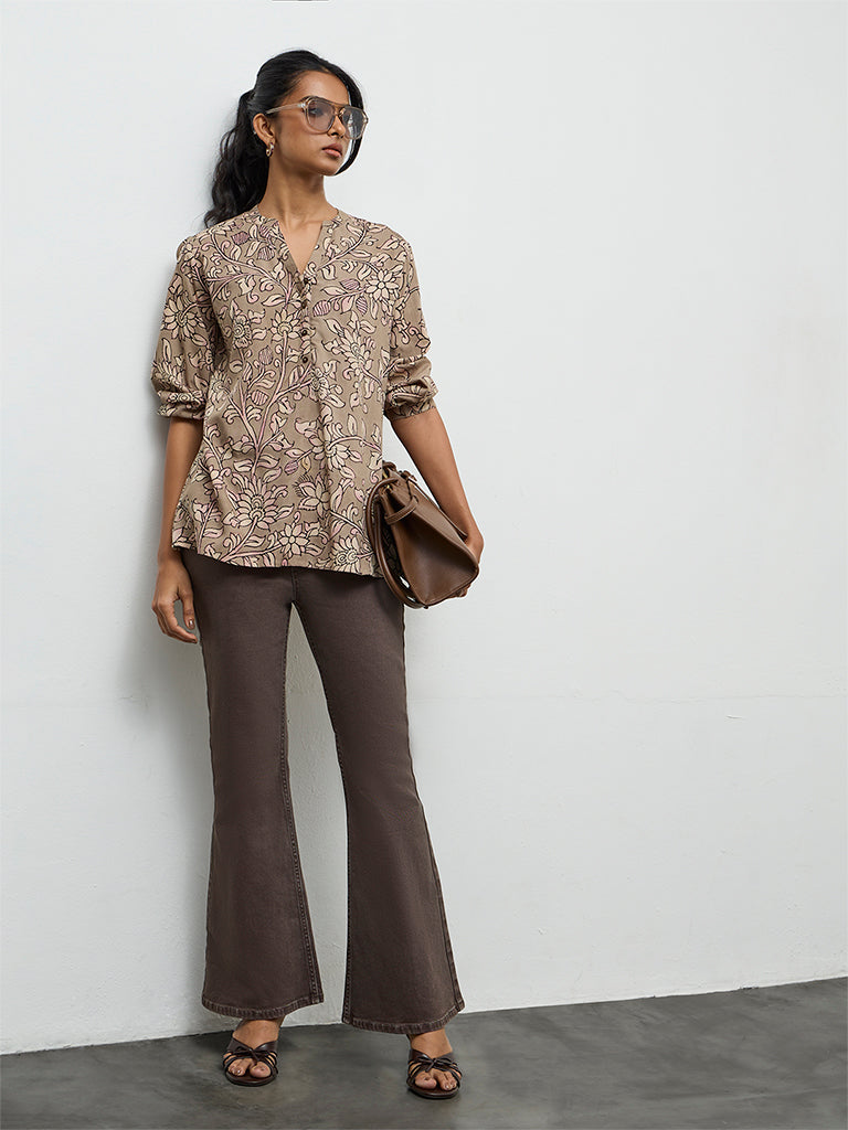 Utsa Taupe Botanical Printed Tunic