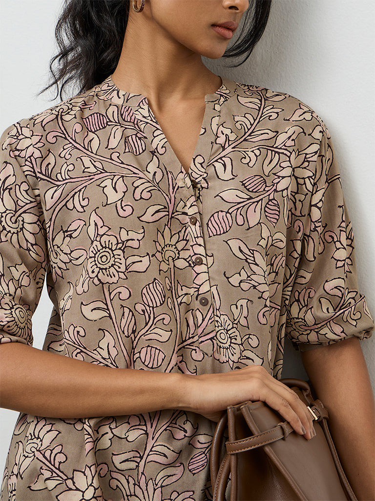 Utsa Taupe Botanical Printed Tunic