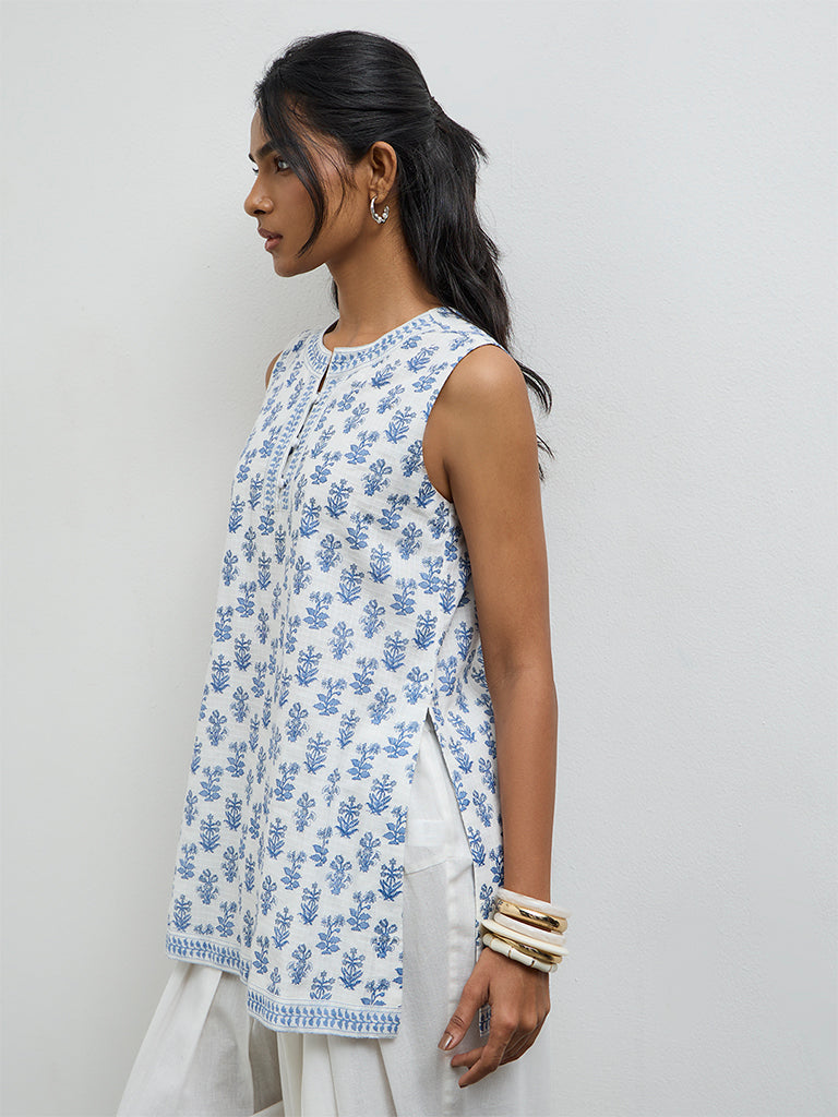 Utsa Navy Foliage Printed Cotton Tunic