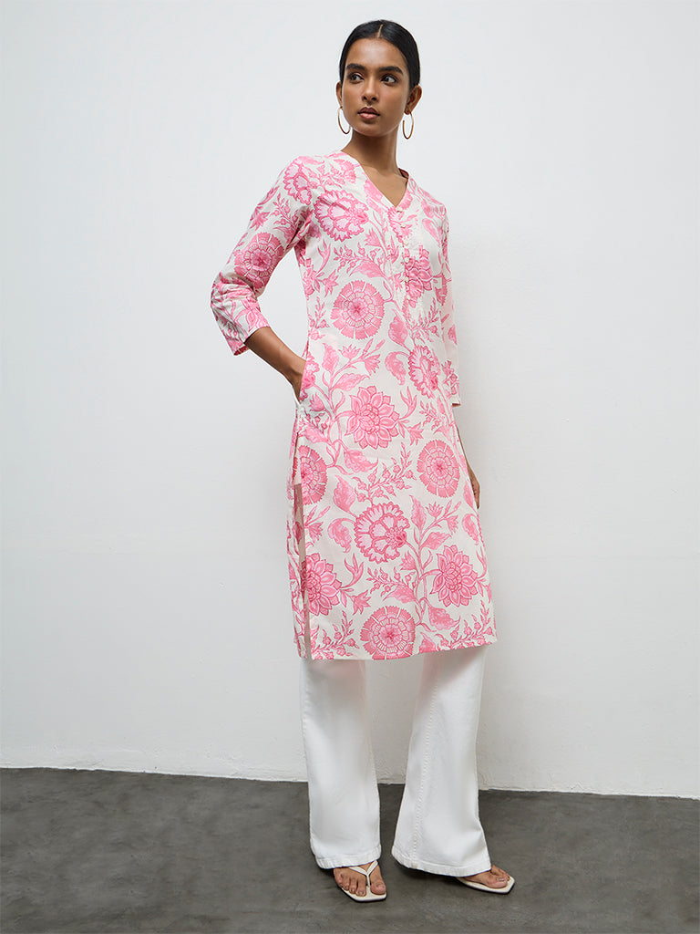 Utsa Pink Floral Printed Cotton Straight Kurta