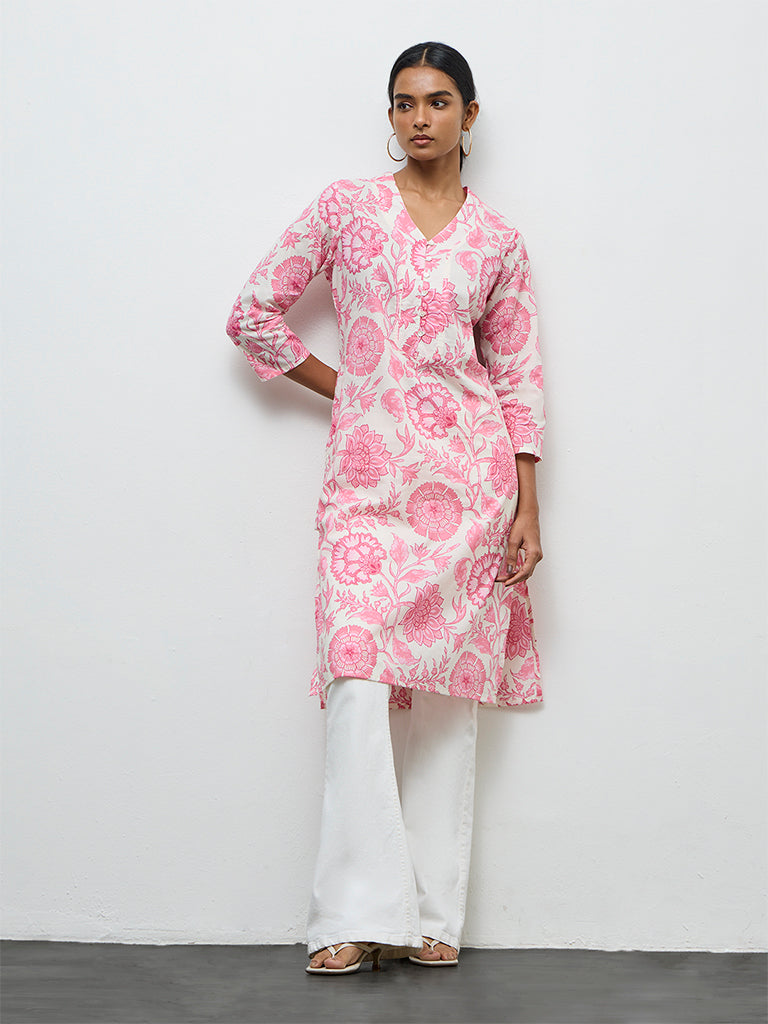 Utsa Pink Floral Printed Cotton Straight Kurta