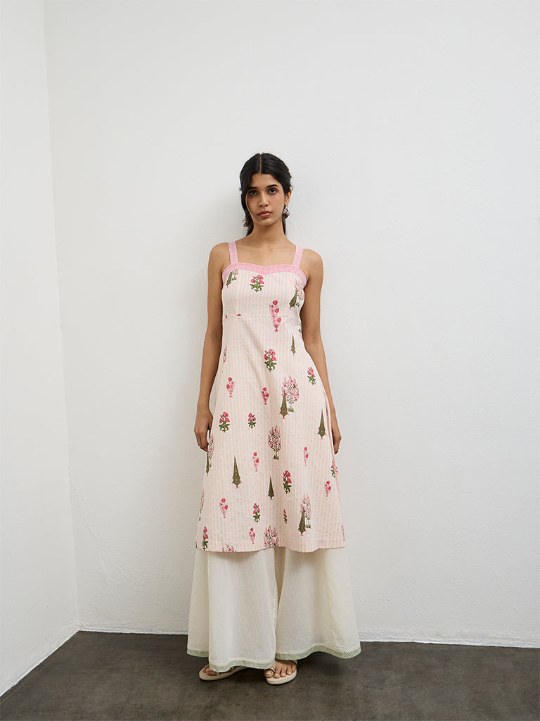 Utsa Pink Printed Cotton A-Line Kurta