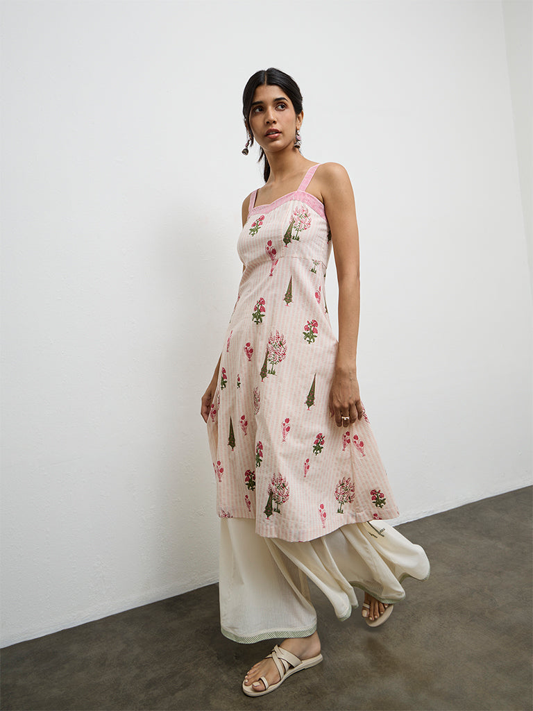 Utsa Pink Printed Cotton A-Line Kurta