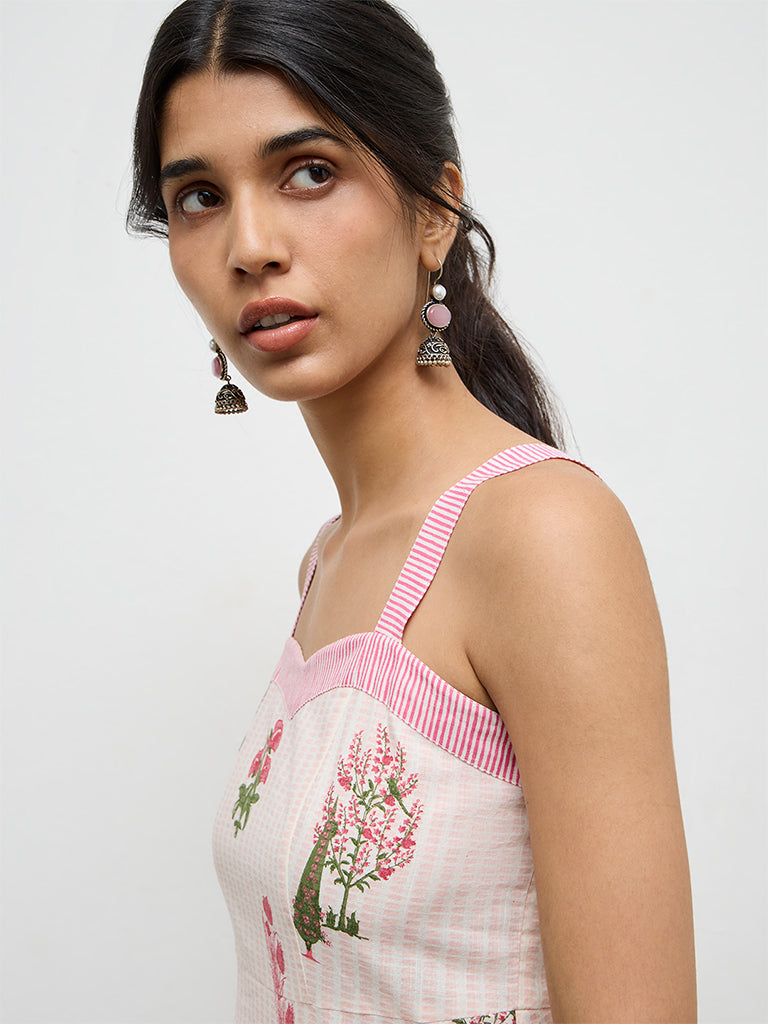 Utsa Pink Printed Cotton A-Line Kurta