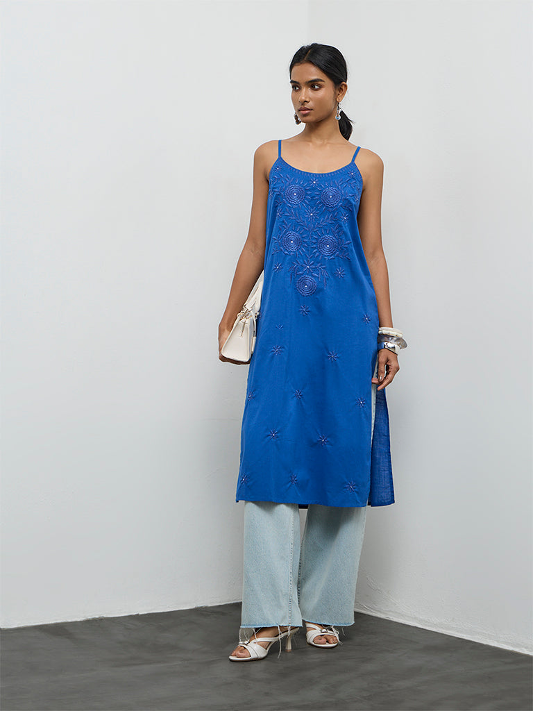 Utsa Blue Floral Embroidered A-Line Cotton Kurta