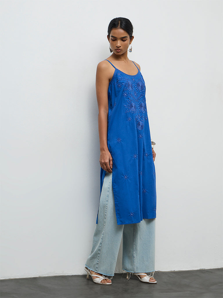 Utsa Blue Floral Embroidered A-Line Cotton Kurta