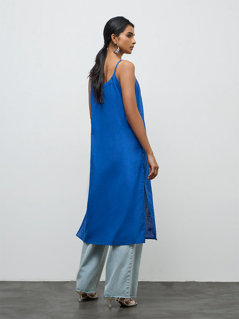 Utsa Blue Floral Embroidered A-Line Cotton Kurta