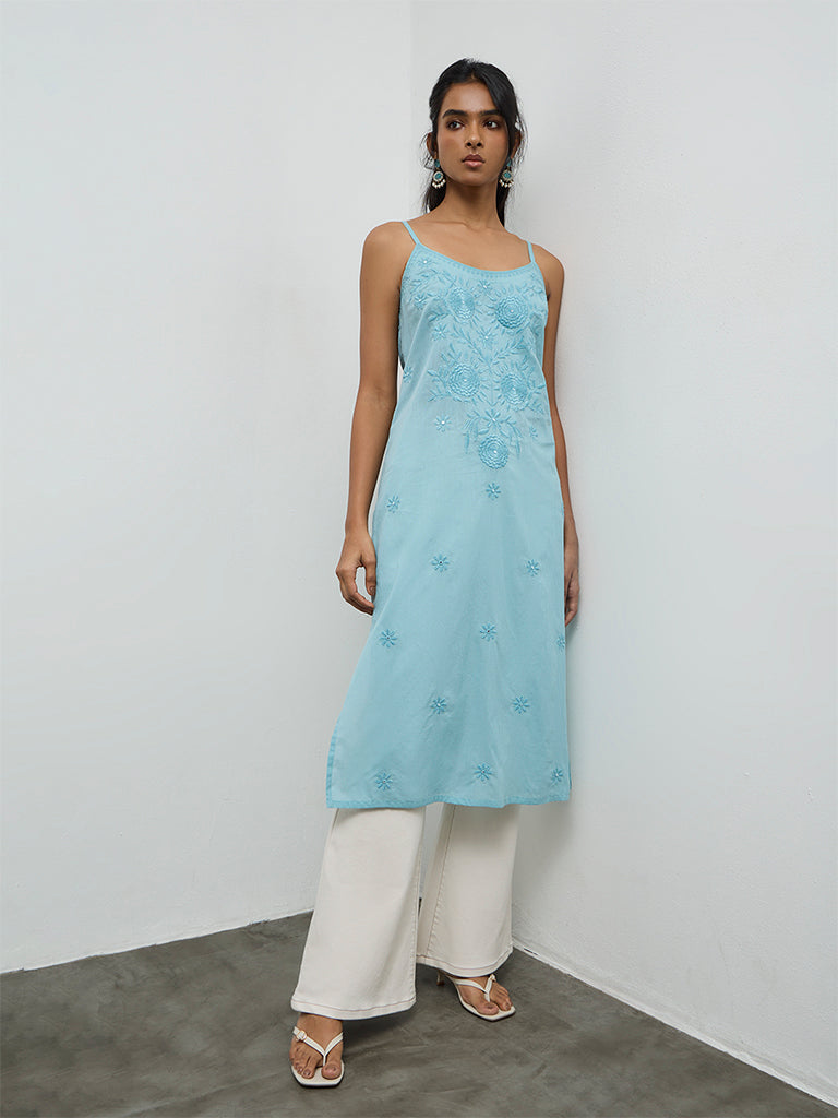Utsa Turquoise Floral Embroidered A-Line Cotton Kurta