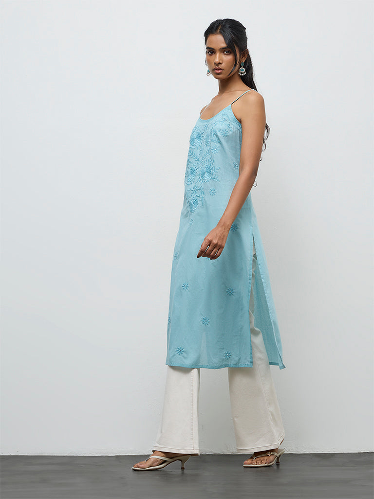 Utsa Turquoise Floral Embroidered A-Line Cotton Kurta