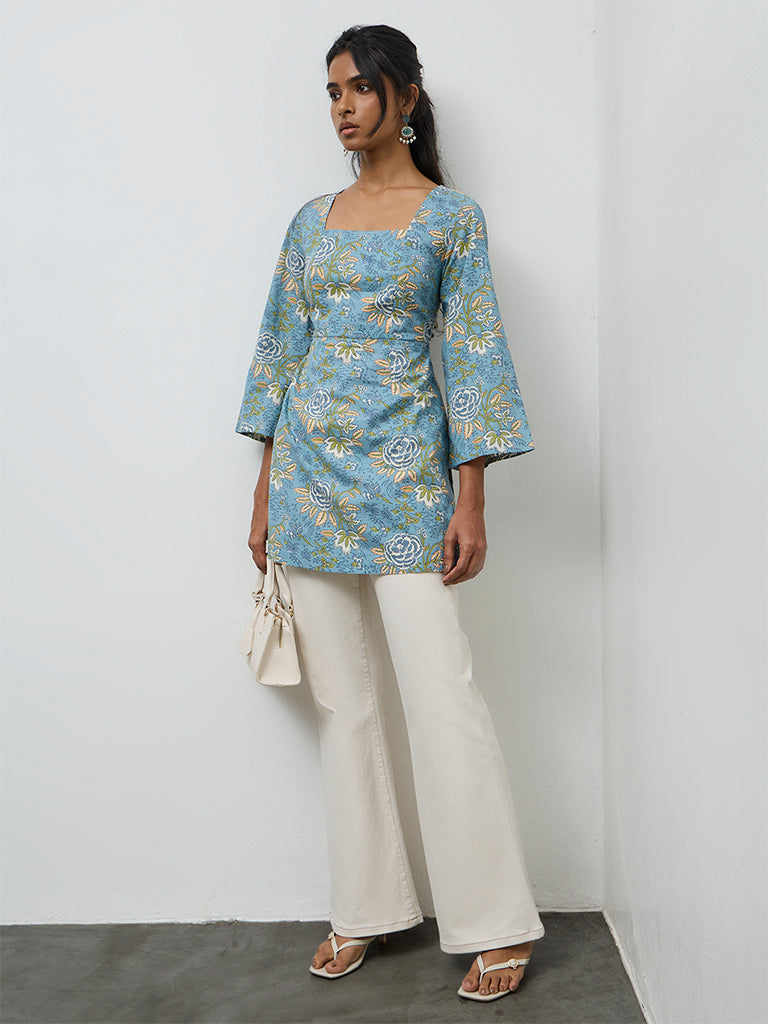 Utsa Blue Foliage Pattern Cotton Tunic