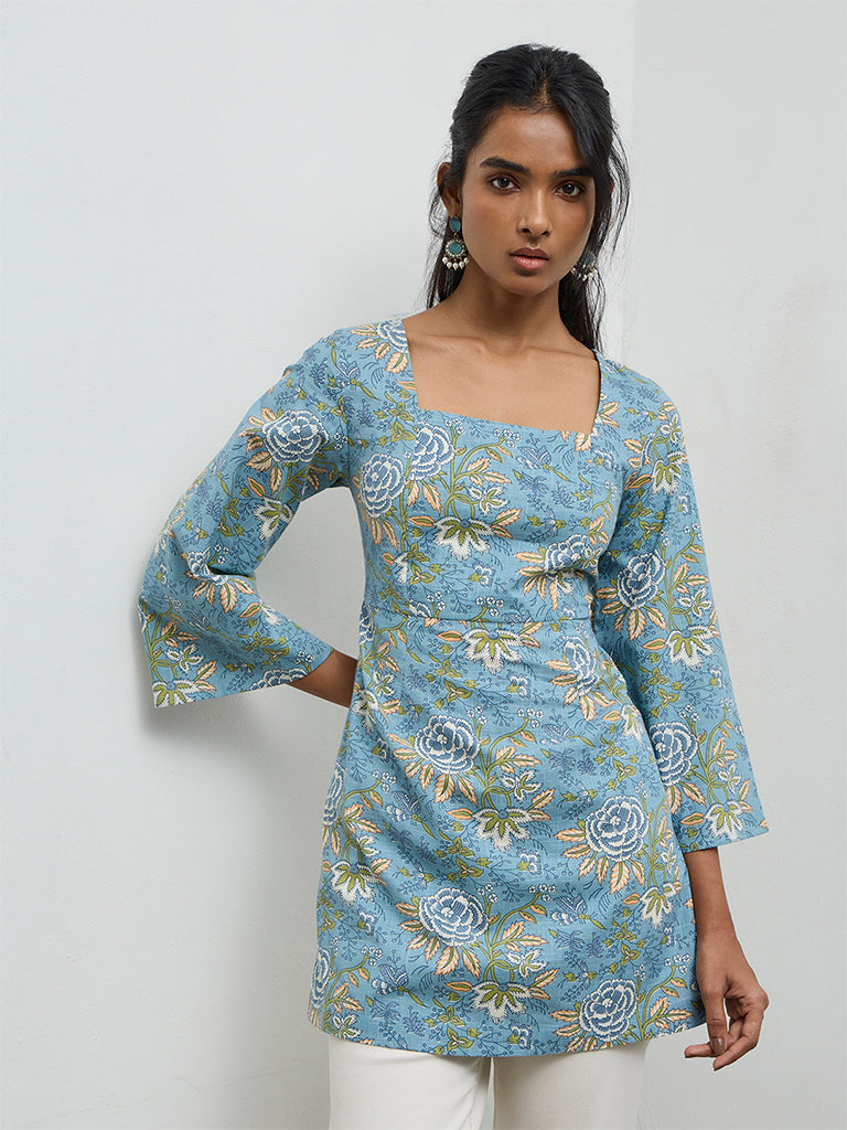 Utsa Blue Foliage Pattern Cotton Tunic