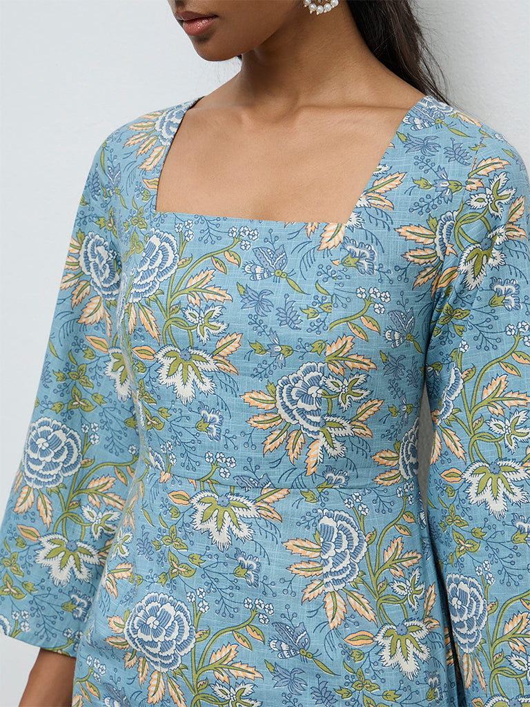 Utsa Blue Foliage Pattern Cotton Tunic