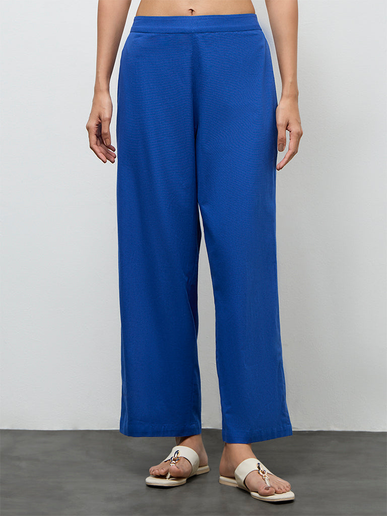Utsa Indigo Solid Cotton-Blend Pants