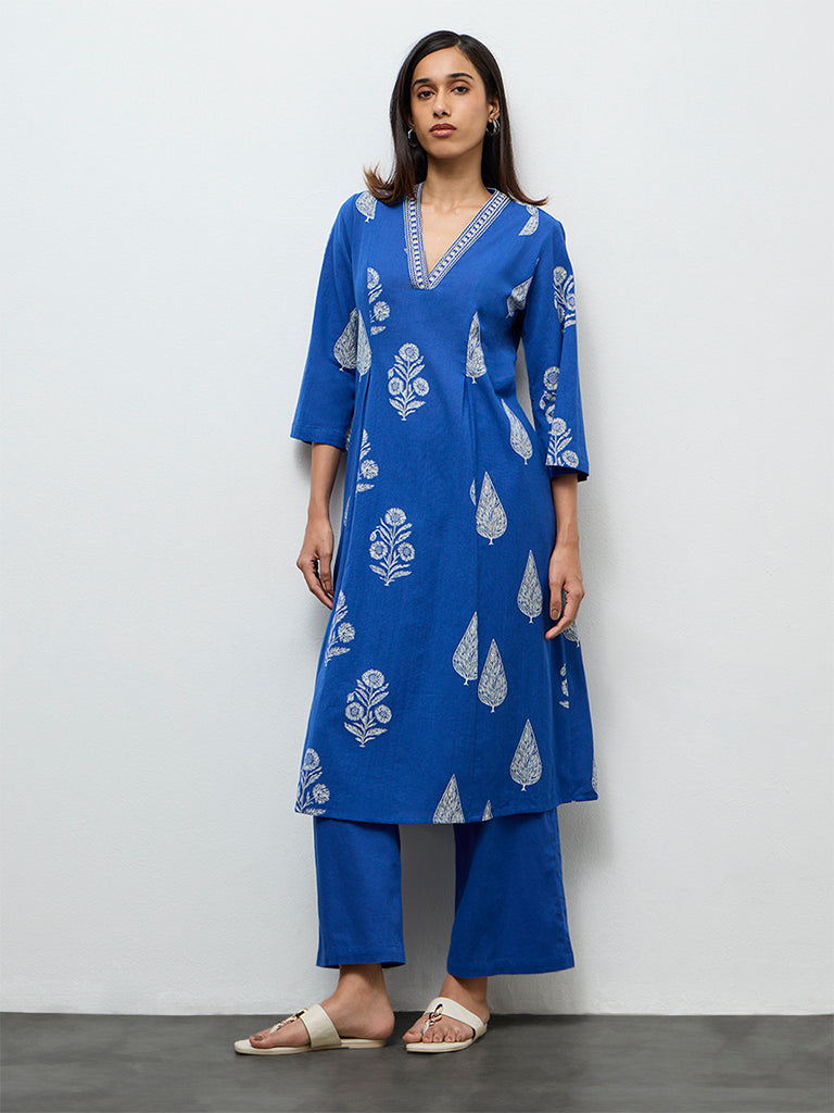 Utsa Indigo Solid Cotton-Blend Pants