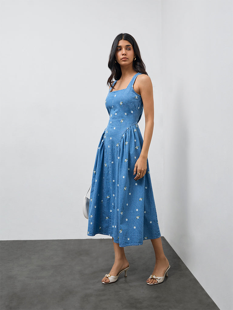 LOV Blue Floral Embroidered A-Line Denim Dress