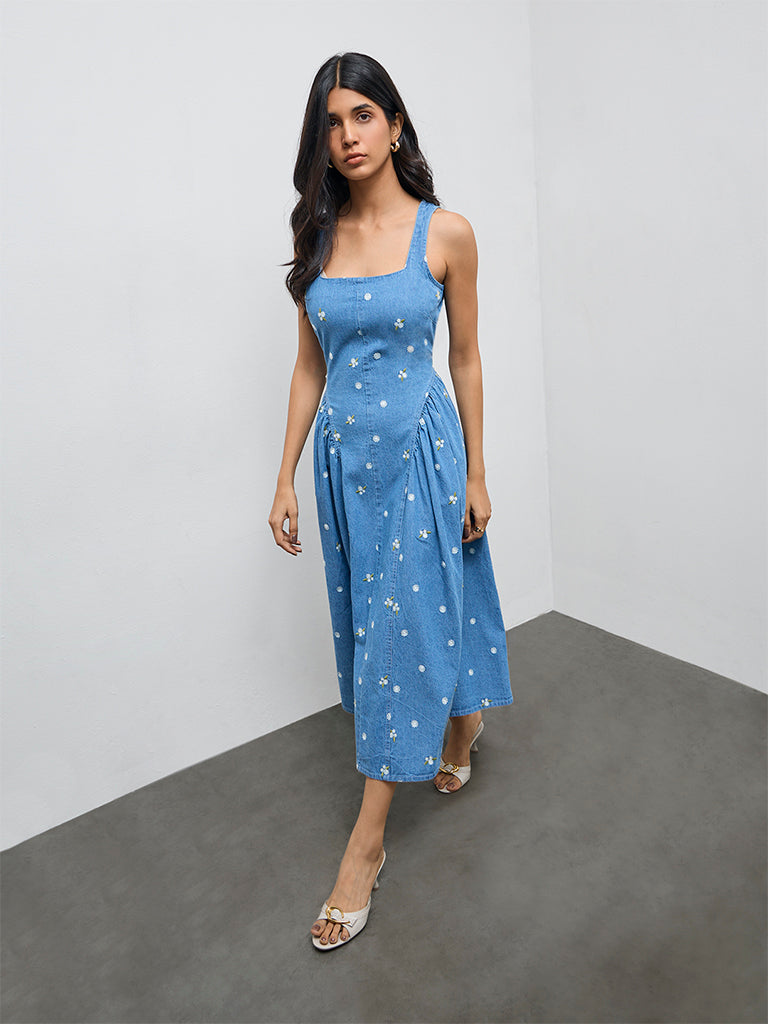 LOV Blue Floral Embroidered A-Line Denim Dress
