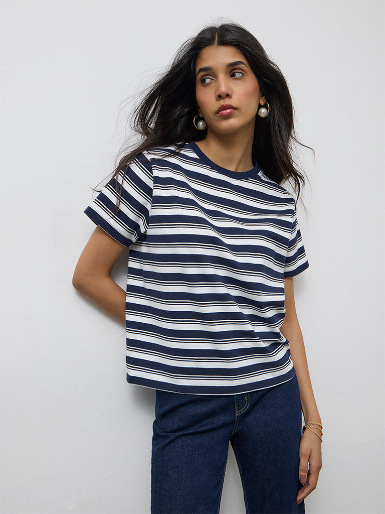 LOV Navy Striped Cotton-Blend T-Shirt
