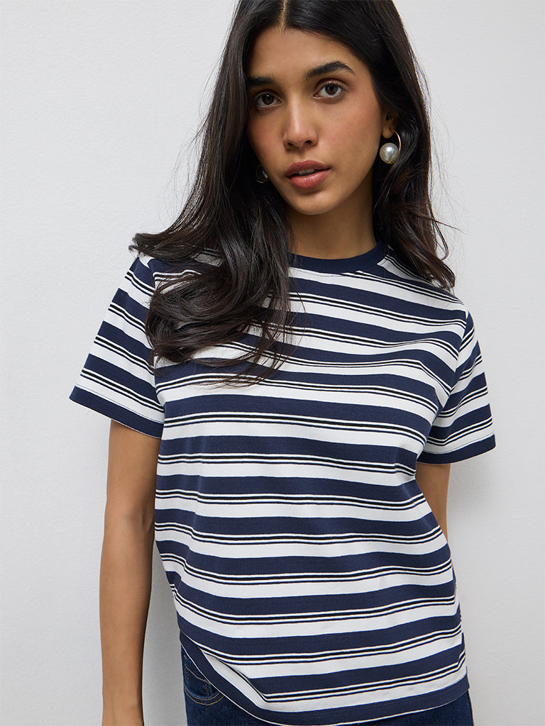 LOV Navy Striped Cotton-Blend T-Shirt