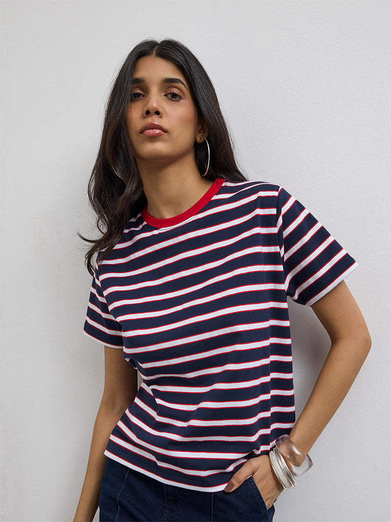 LOV Navy Striped Cotton-Blend T-Shirt