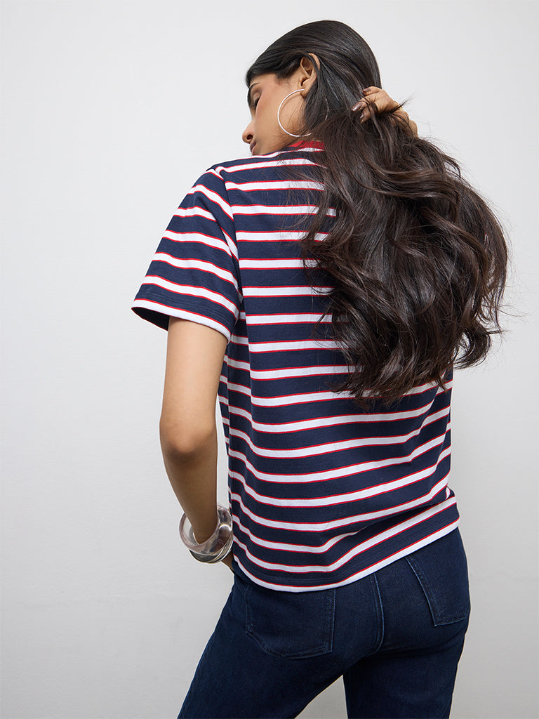 LOV Navy Striped Cotton-Blend T-Shirt