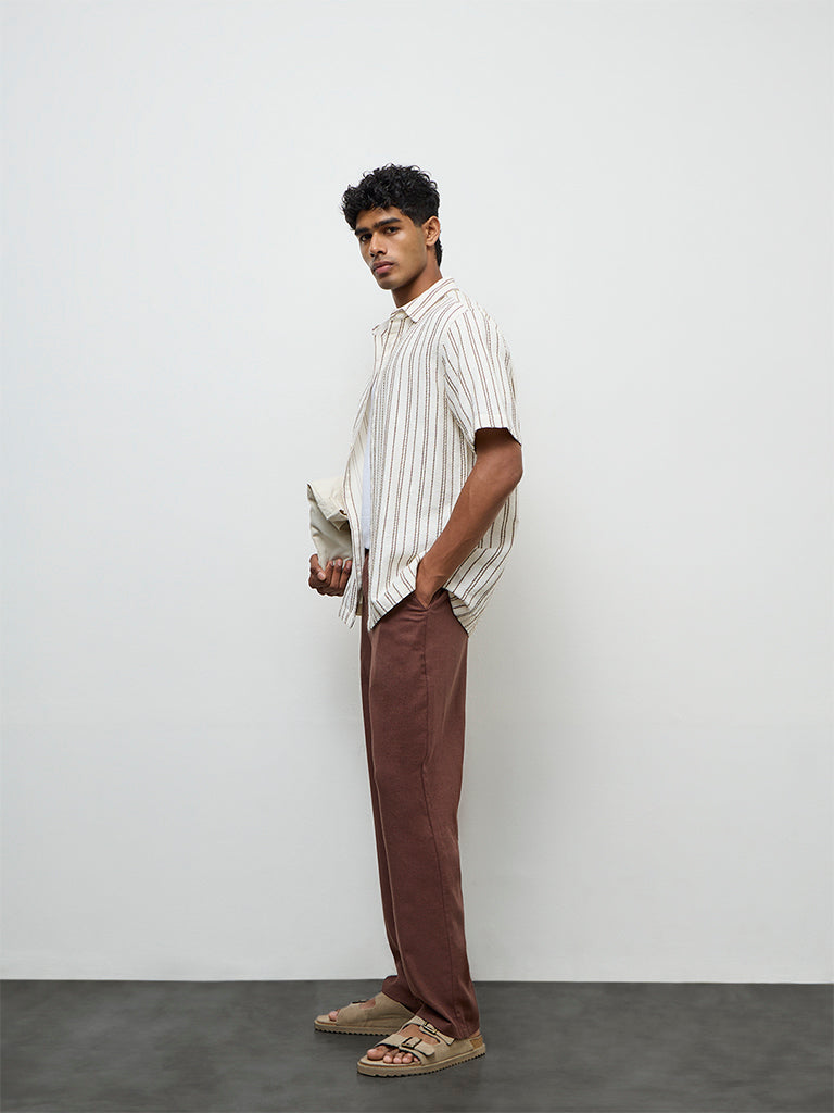 ETA Brown Solid Relaxed-Fit Mid-Rise Cotton-Blend Chinos