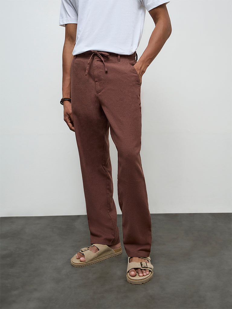 ETA Brown Solid Relaxed-Fit Mid-Rise Cotton-Blend Chinos