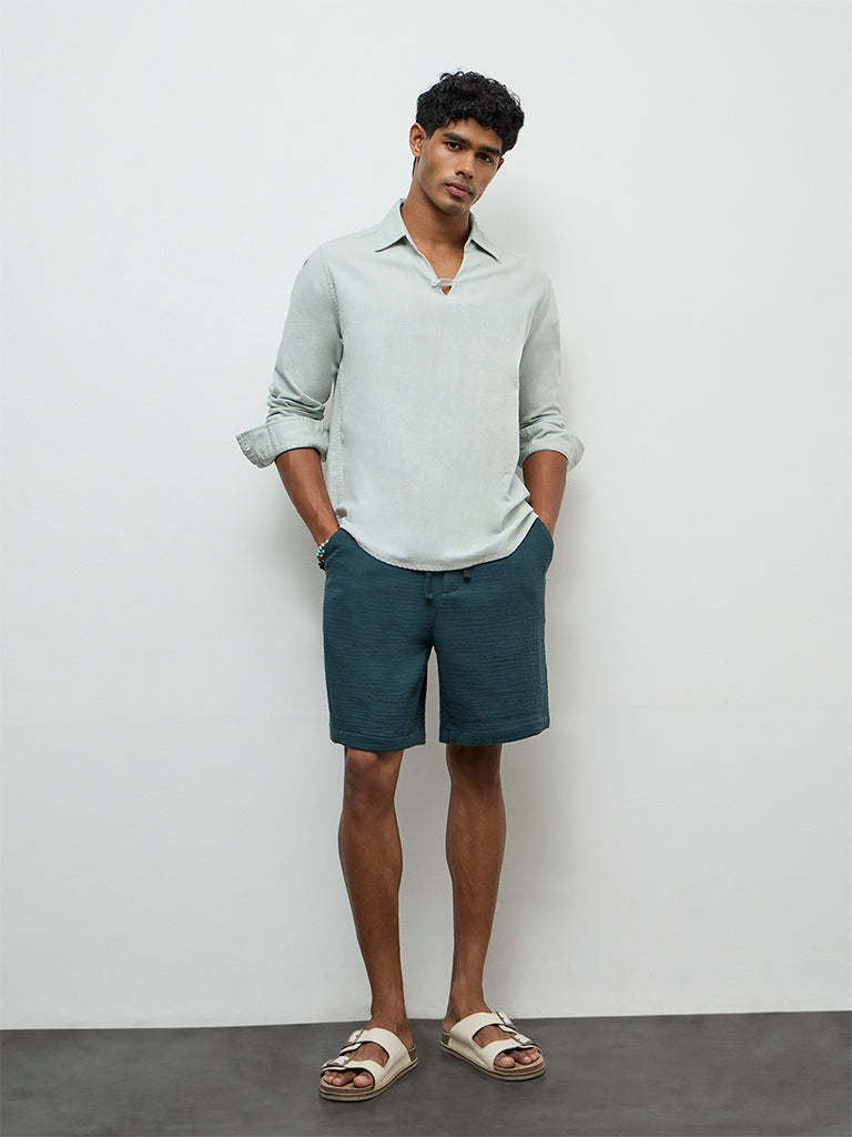 ETA Teal Crinkle-Textured Relaxed-Fit Mid-Rise Cotton Shorts