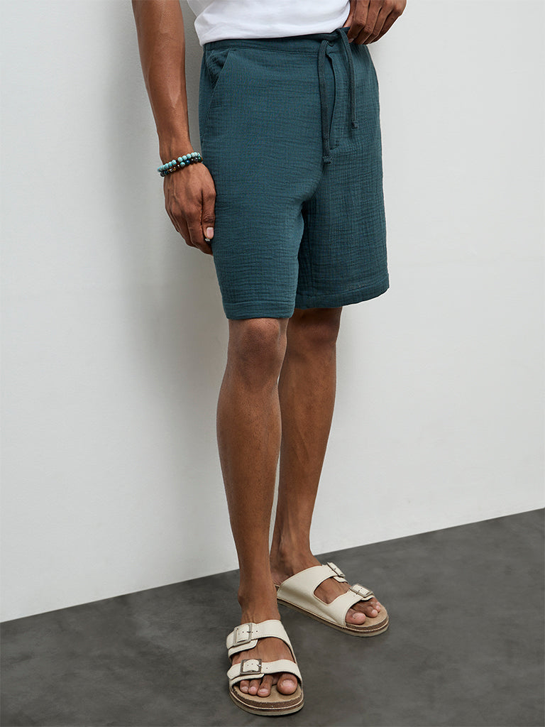 ETA Teal Crinkle-Textured Relaxed-Fit Mid-Rise Cotton Shorts