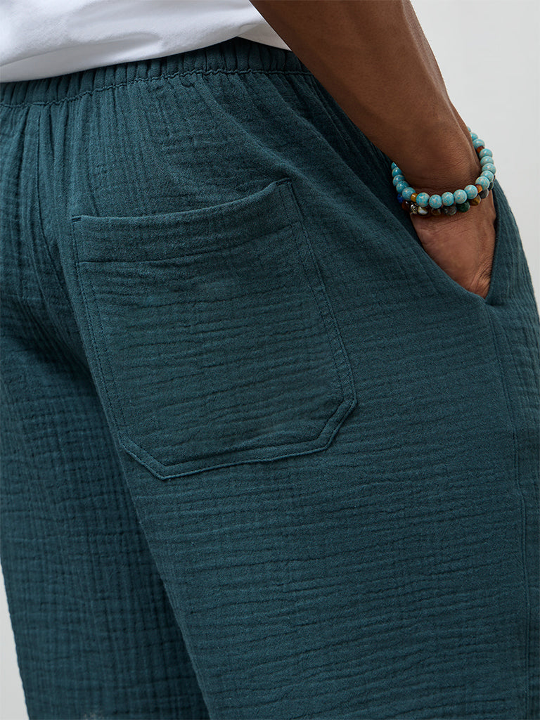 ETA Teal Crinkle-Textured Relaxed-Fit Mid-Rise Cotton Shorts