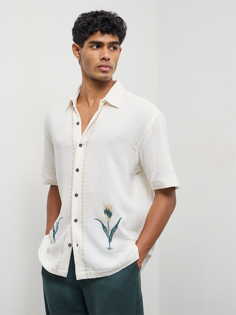 ETA Off-White Floral Embroidered Relaxed-Fit Cotton Shirt