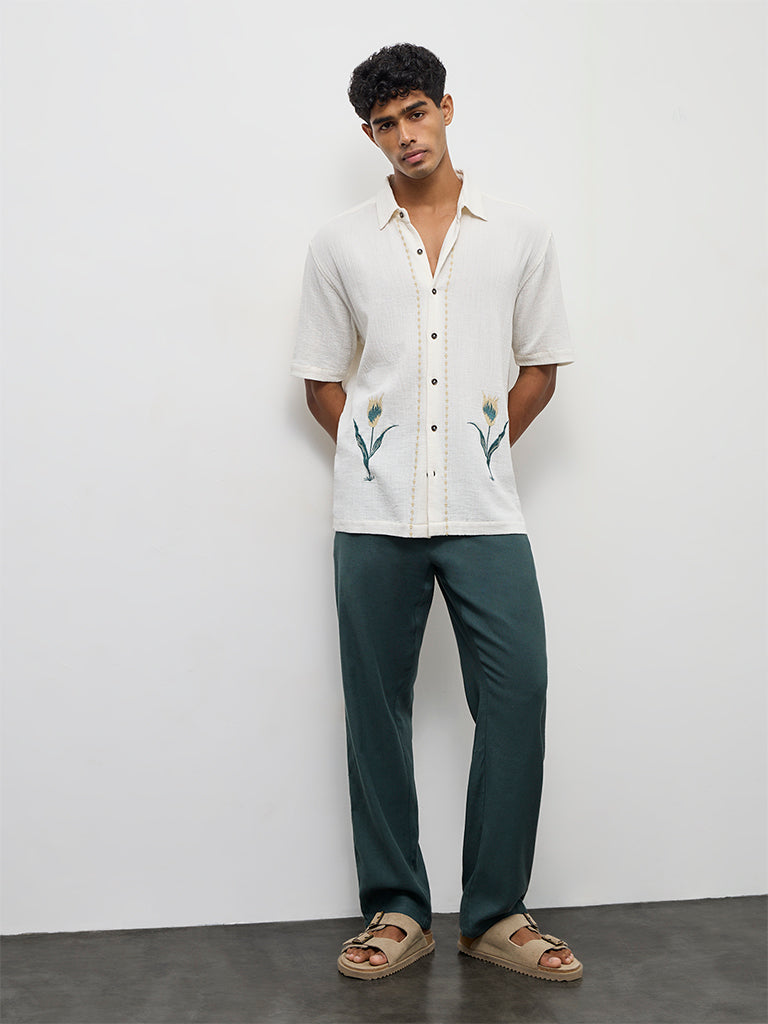 ETA Off-White Floral Embroidered Relaxed-Fit Cotton Shirt