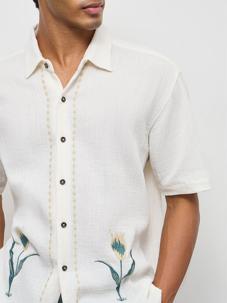 ETA Off-White Floral Embroidered Relaxed-Fit Cotton Shirt
