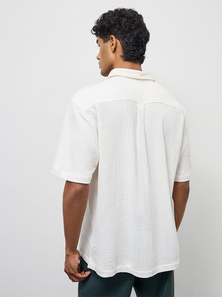 ETA Off-White Floral Embroidered Relaxed-Fit Cotton Shirt