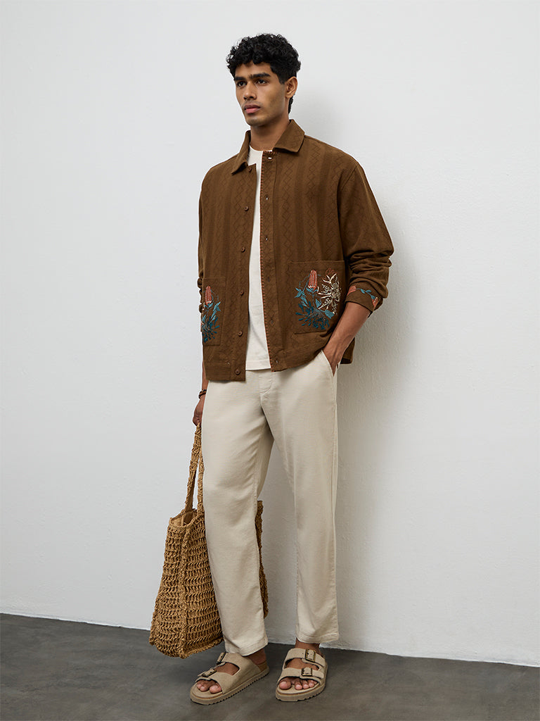 ETA Brown Floral-Embroidered Relaxed-Fit Cotton Shirt
