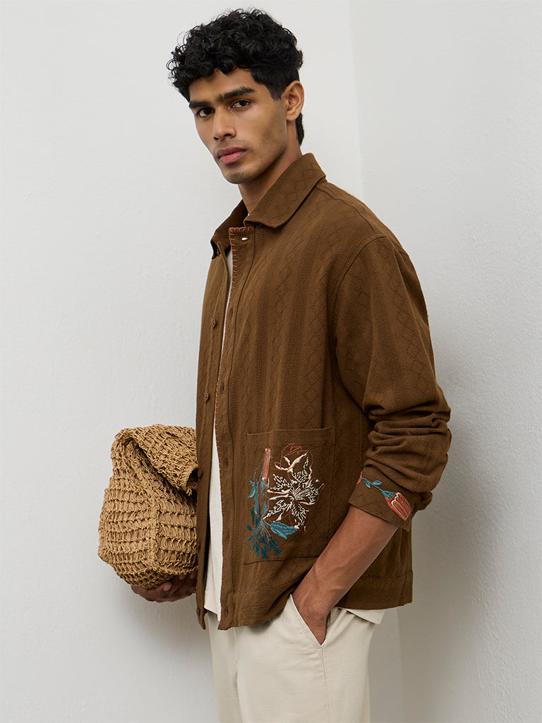 ETA Brown Floral-Embroidered Relaxed-Fit Cotton Shirt