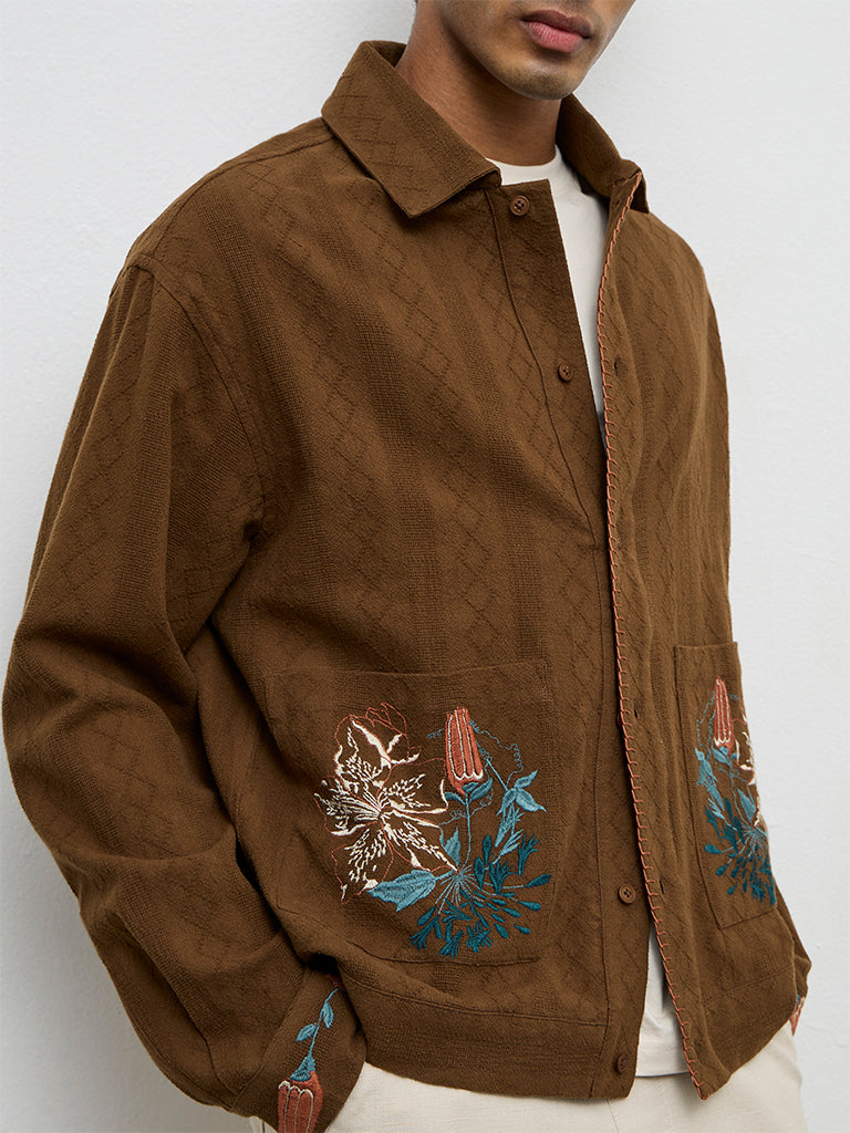 ETA Brown Floral-Embroidered Relaxed-Fit Cotton Shirt