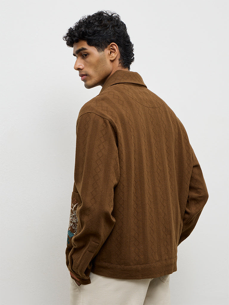 ETA Brown Floral-Embroidered Relaxed-Fit Cotton Shirt