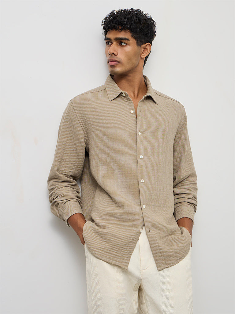 ETA Taupe Striped Relaxed-Fit Cotton Shirt