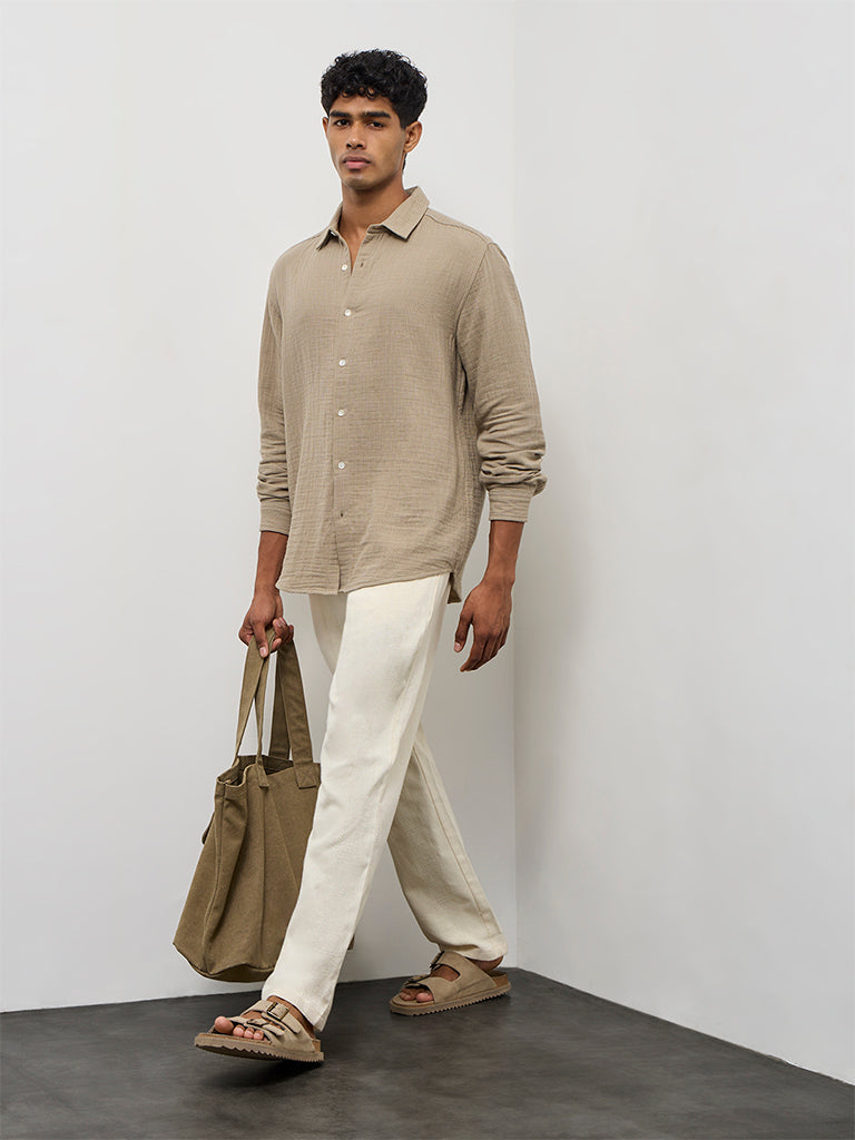 ETA Taupe Striped Relaxed-Fit Cotton Shirt