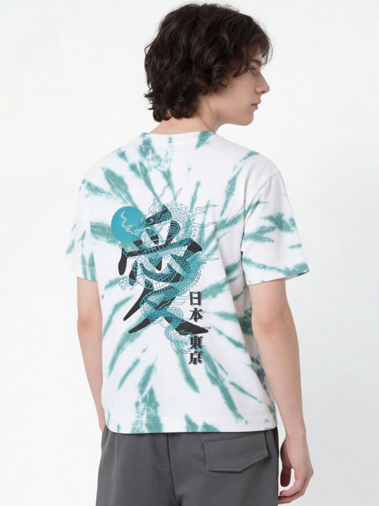 Boys Green Tie-Dye Printed Cotton T-Shirt