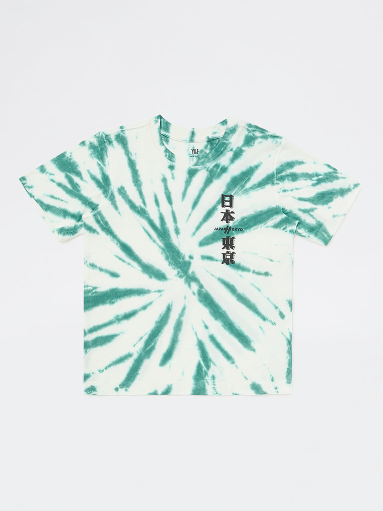 Boys Green Tie-Dye Printed Cotton T-Shirt