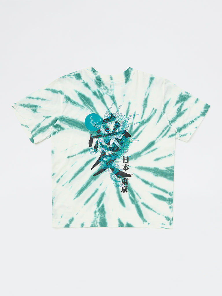 Boys Green Tie-Dye Printed Cotton T-Shirt