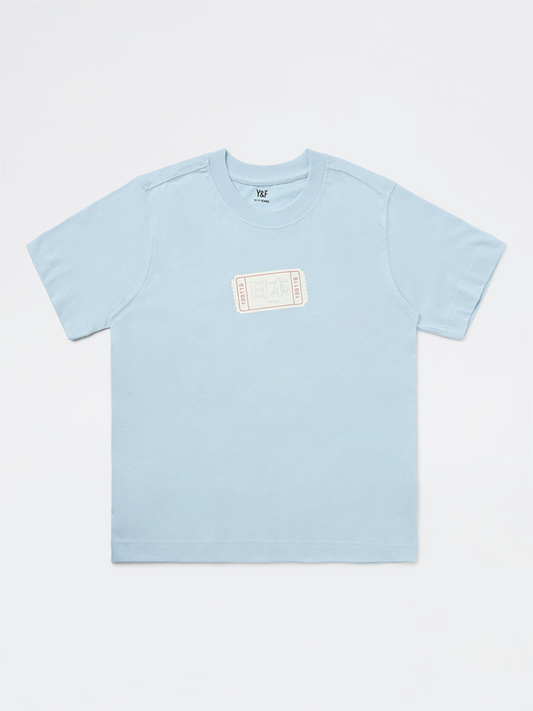 Boys Light Blue Printed Cotton T-Shirt