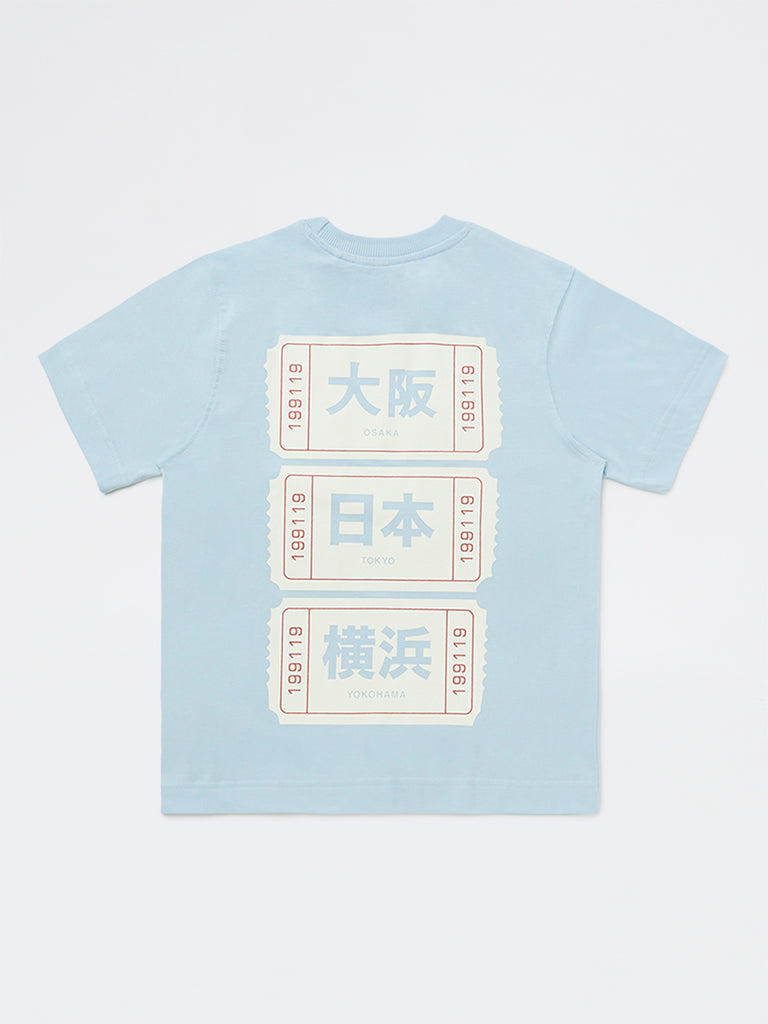 Boys Light Blue Printed Cotton T-Shirt